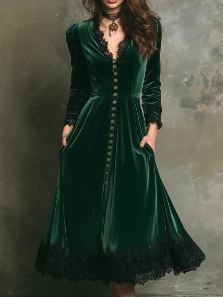 Elegant Women Velvet Dress Lace Splicing A-Line V Neck Single Breasted High Waist Pocket Retro Casual Evening Party Dress 2025