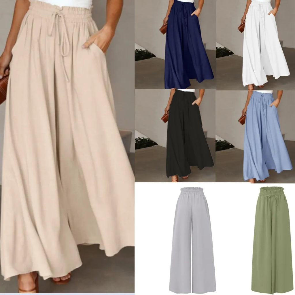 Summer Women Elastic High Waist Drawstring Solid Wide Leg Pants Loose Casual Flowy Pocket Trousers Female Daily Beach Long Pants