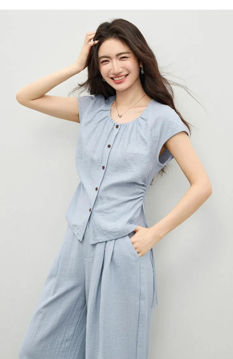 SENTUBILA Women's Office Set 2026 Summer New Blue Button Shirred Drawstring Slim Top Straight Pant 2 Piece Sets 162ZK6231
