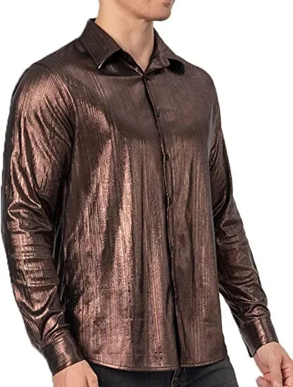 Metallic Shiny Polyester Dress Shirts for Men Black Solid Gold Red Silver Long Sleeve Turn Down Collar Prom Disco Men's Shirt
