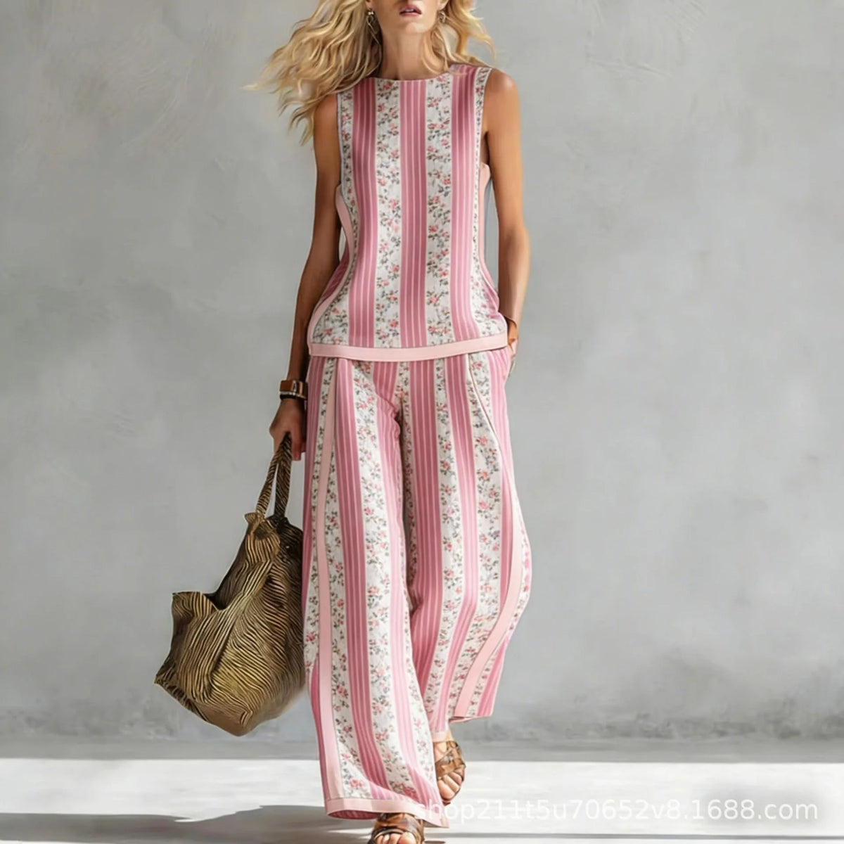 Fashion Retro Printed Sleeveless Tops Trousers 2-piece Set Women's Summer Casual Vest Loose Wide Leg Trousers Female Suit Pocket