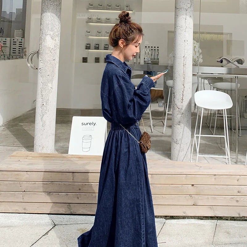 Denim long dress women A-line high waisted long sleeves casual roupas femininas