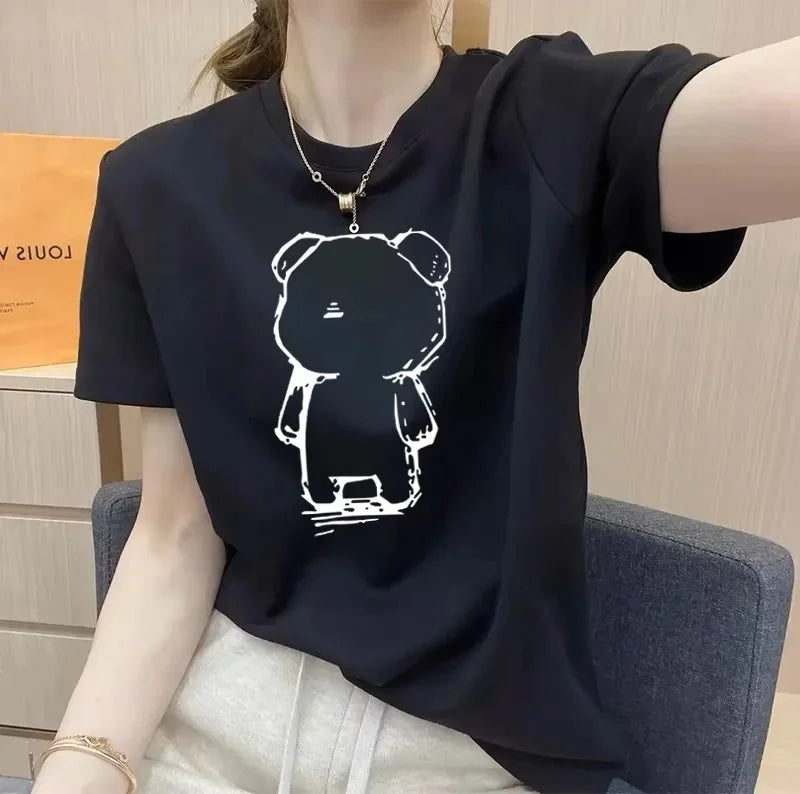 Women's Short Sleeve T-Shirt Pure Cotton Thin Summer Korean Style Loose Fit Shoulder round Neck Half Sleeve Ladies Top Versatile