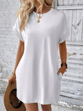 New women's spring and summer fashionable temperament casual commuting solid color round neck loose short sleeved pocket dress