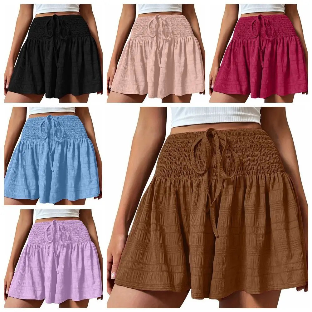 Casual Drawstring Women's Short Loose High Waisted Sports Shorts Skirt Pleated Lace Up Pajama Pants Summer