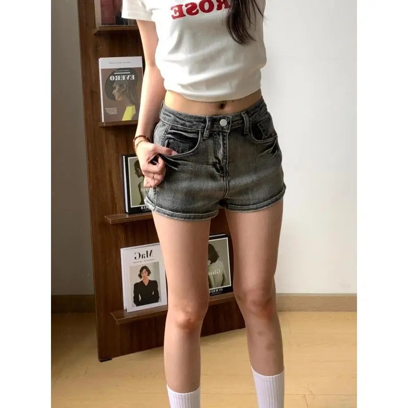 Black and Gray Low-rise Denim Super Y2k Shorts Women Washed Old Slim Elastic Hot Pants Booty Shorts
