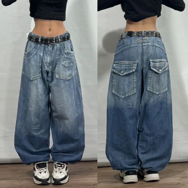 American New Fashion Geometric Pattern Embroidered Baggy Jeans Women Y2K Harajuku Vintage Hip-hop Popular Casual Wide-leg Pants