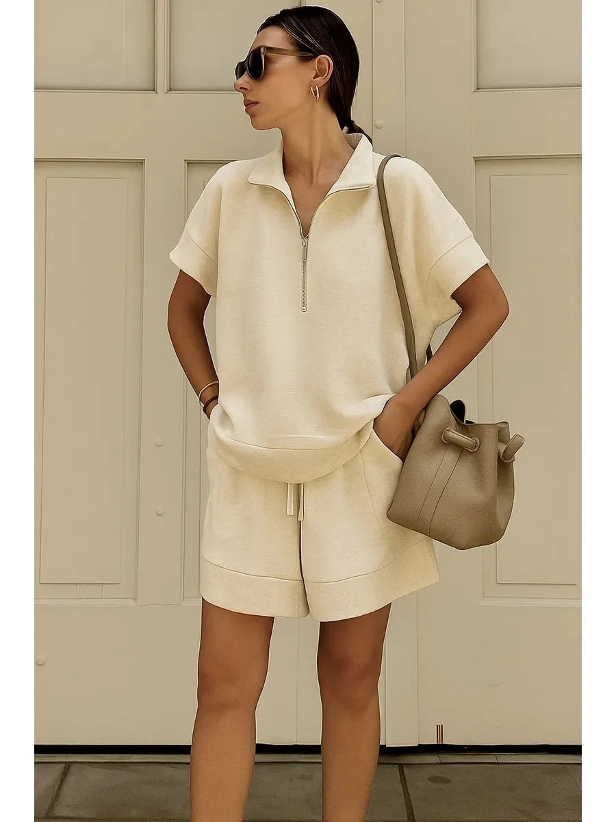 2026 Summer New Long-sleeved Shorts Sweater Set Solid Color Fashion Casual Short 2-piece Set