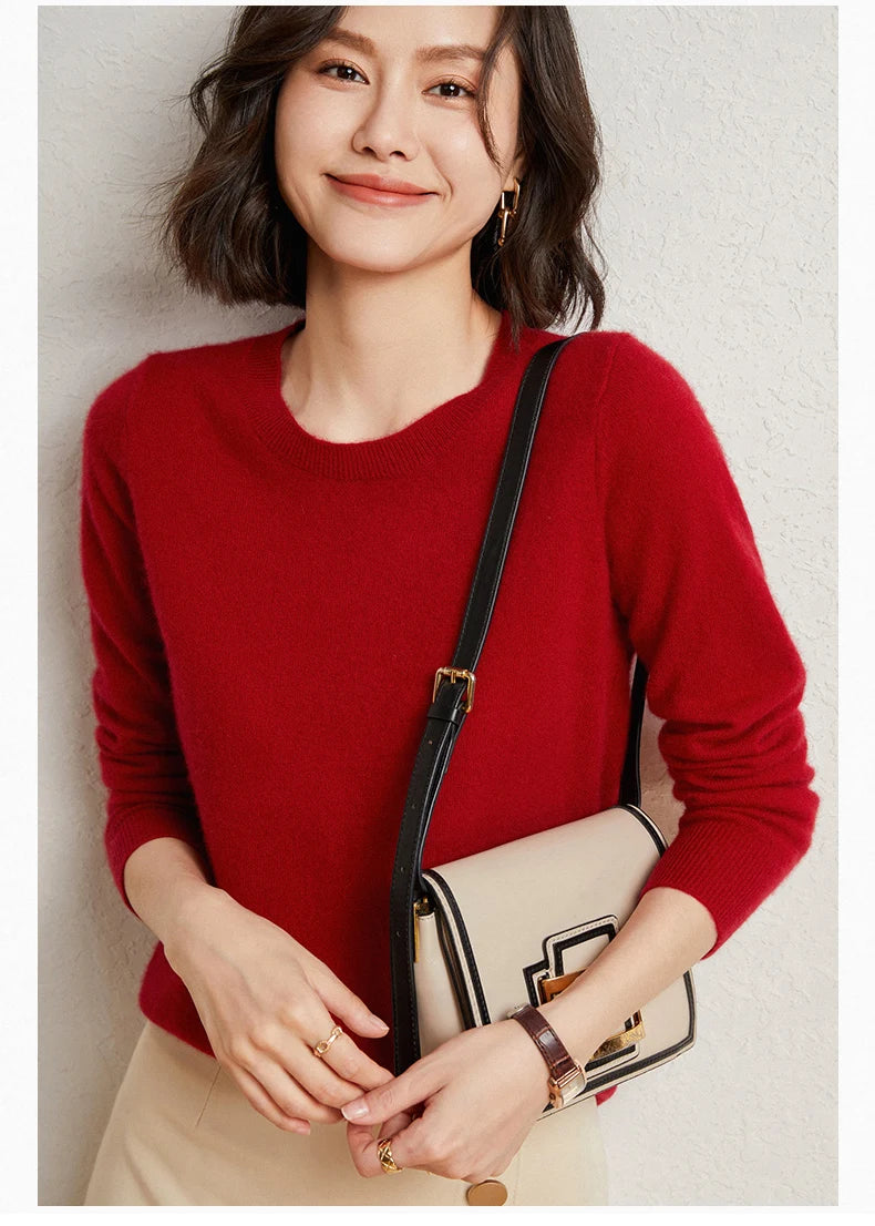 100%Merino Pure Wool Pullover Sweater For AutumnWinter Women's Round Neck Warm High-Quality Solid Color Basic Knitted Jumper Top