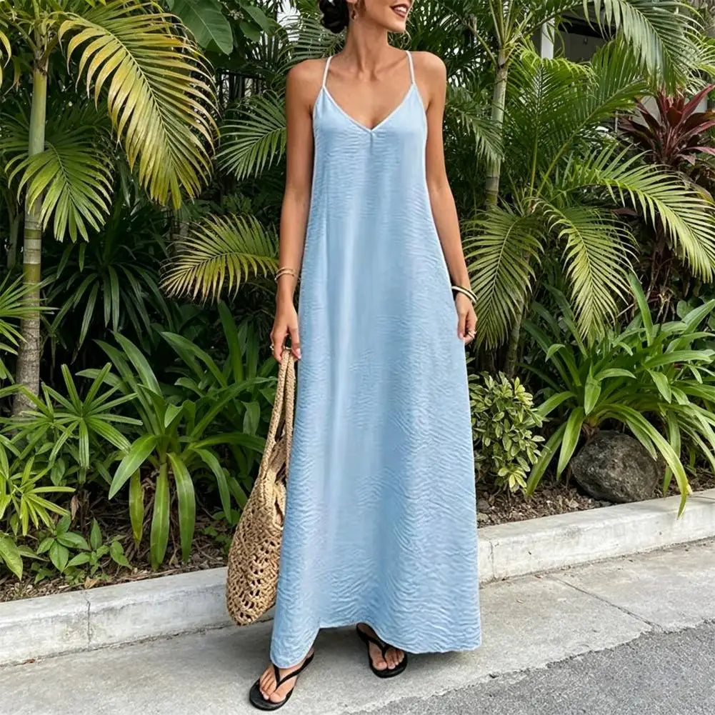 Women Summer Sexy Backless Dress Halter V Neck Sleeveless Loose Maxi Sundress Beach Vacation Long Dress