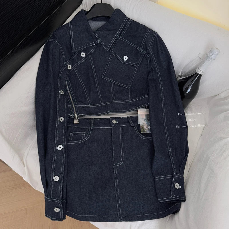 Vintage Wash Denim 2 Piece Sets Women Long Sleeve Crop Top Zipper Jacket and A-Line Mini Skirts Suits Streetwear Jeans Outfits