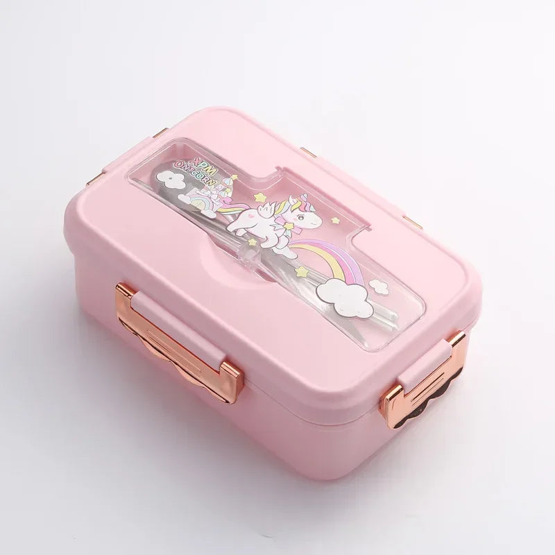 Cartoon Pattern Lunch Box for Students Three Grids Food Grade Plastic Bento Box with Tableware Microwave Heating Office Meal Box