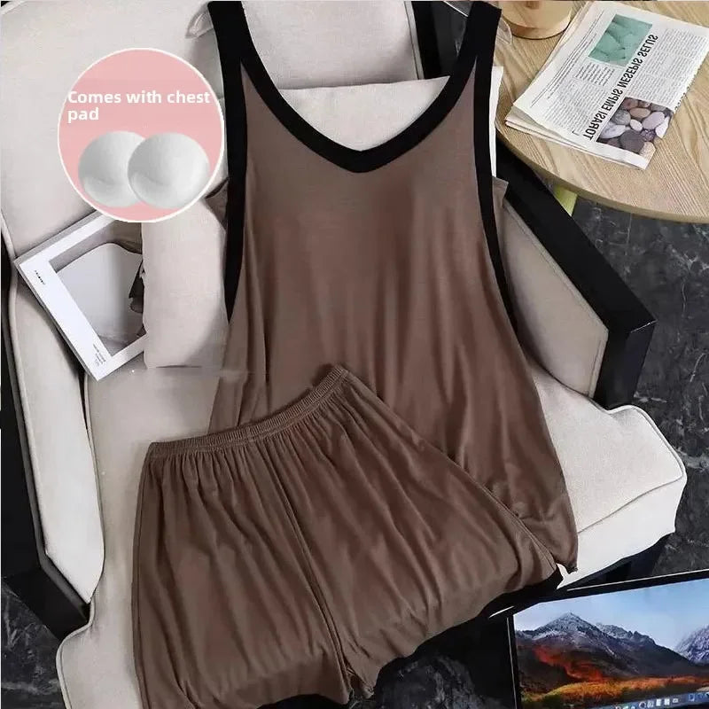 Women Sleeveless Summer Casual 2/pce Set Girls Spaghetti Strap Vest Shorts Outfit Lady Color Blocked Bra Pad Fashion Loungewear