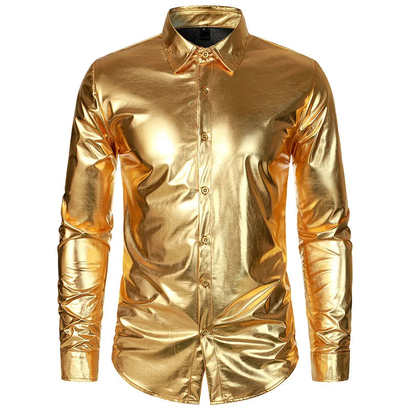 Men's Retro Gold Glossy Shirt American Casual Fashion Performance Shirts Solid Color Gorgeous Nightclub Male Shiny Tops