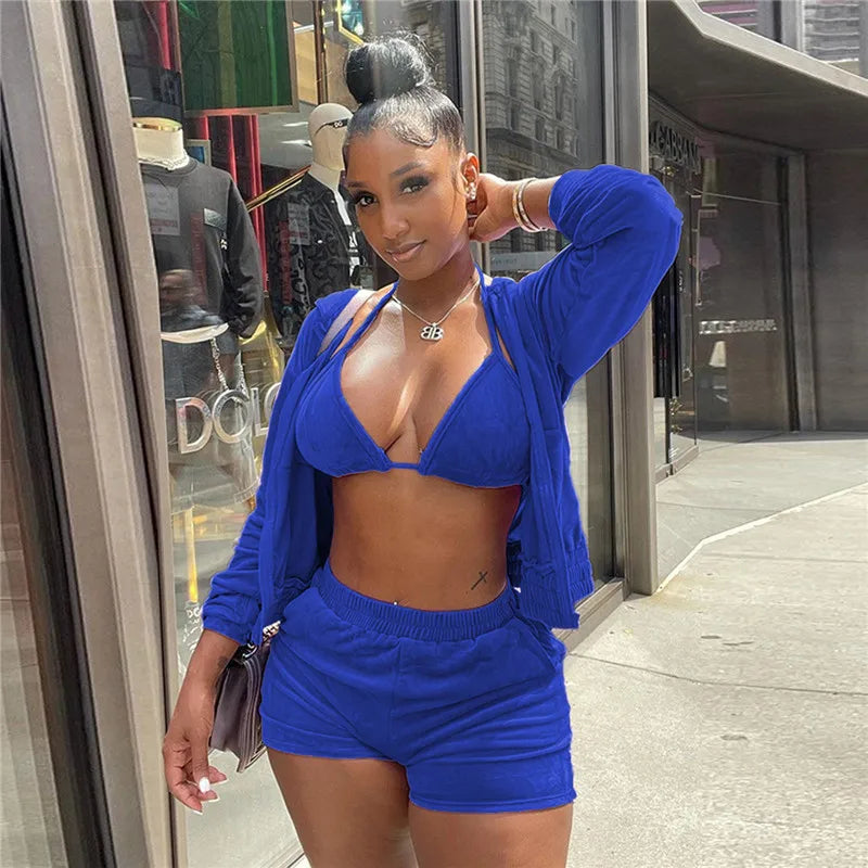 Velvet Tracksuit 3 Piece Set Women Fall Outfits Zipper Hoodies Jacket + Bra + Shorts Sets Sporty Matching Sets Jogging Femme