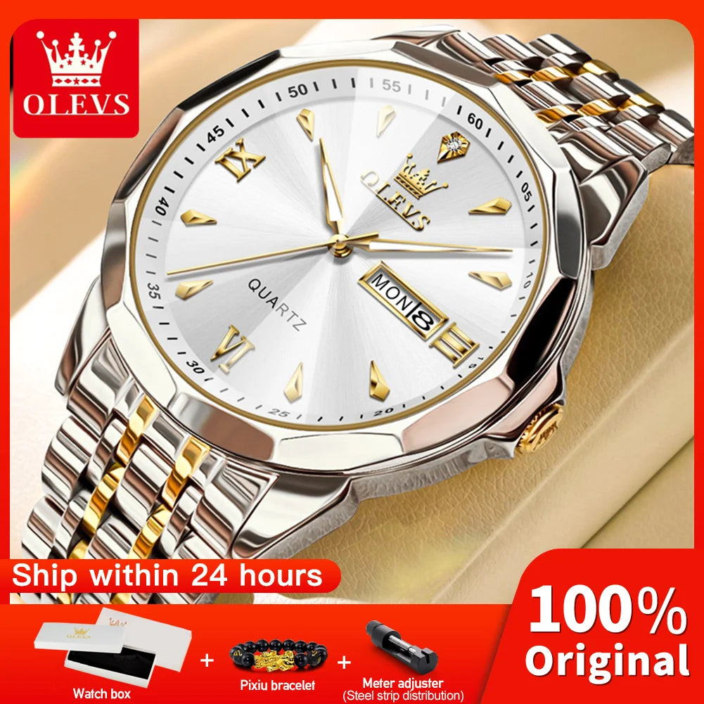 OLEVS 9998 Mens Watch Original Rhombus Mirror Quartz Mature Man Watch Waterproof Luminous Dual Calendar Display Watch For Man