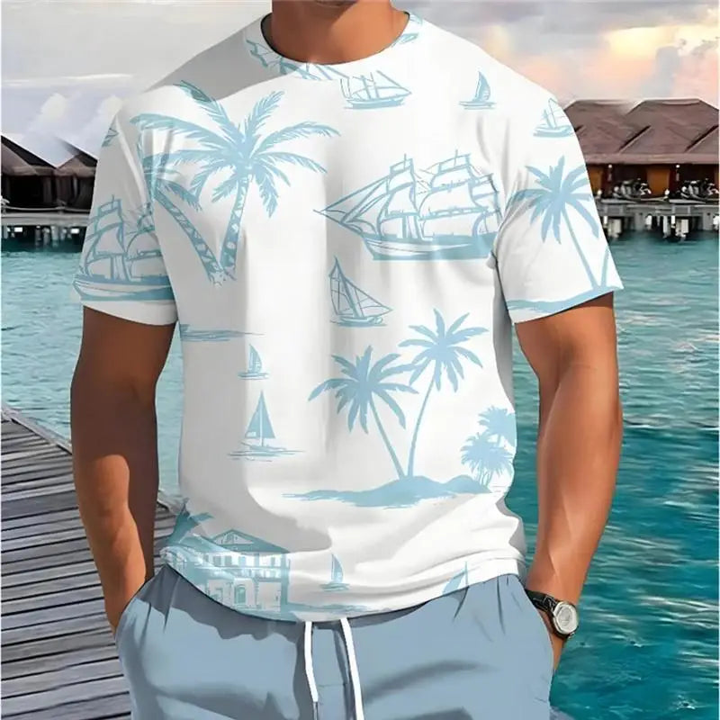 2025 Summer New Men's Short-sleeved Top Palm Tree Print T-shirt Fashion Vacation Beach Casual Pattern