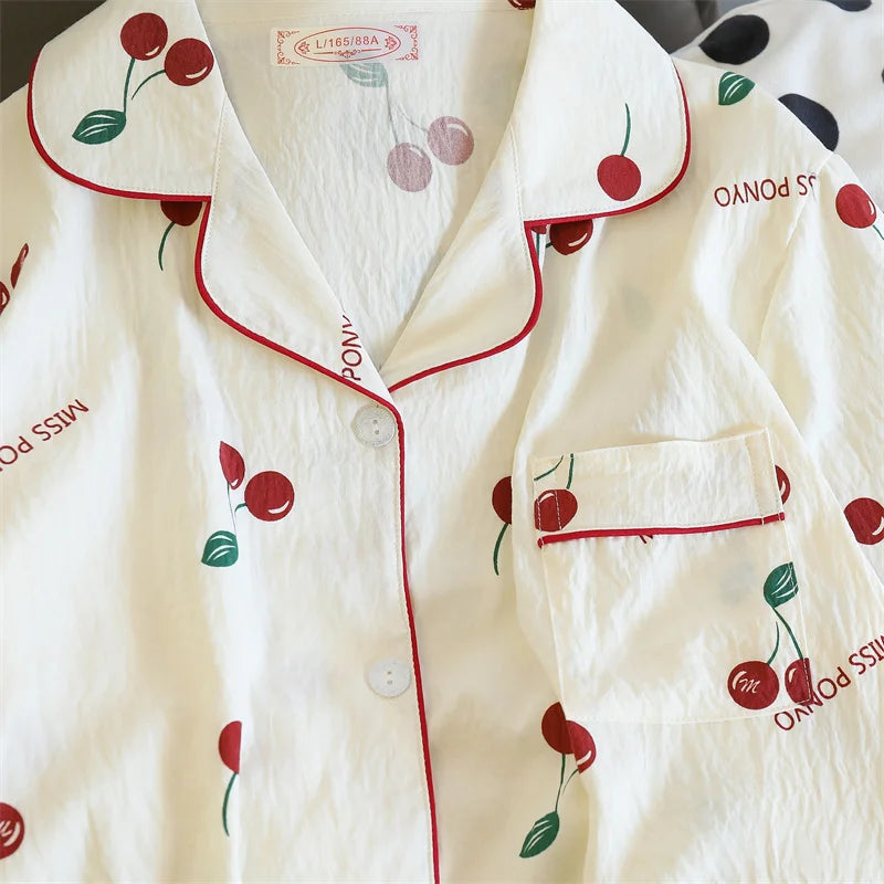 Cherries Print Two Pieces Pajamas Set Autumn Faux Cotton Pajamas Korean Fashion Home Clothes Ladies Pants and Top Set Pijamas