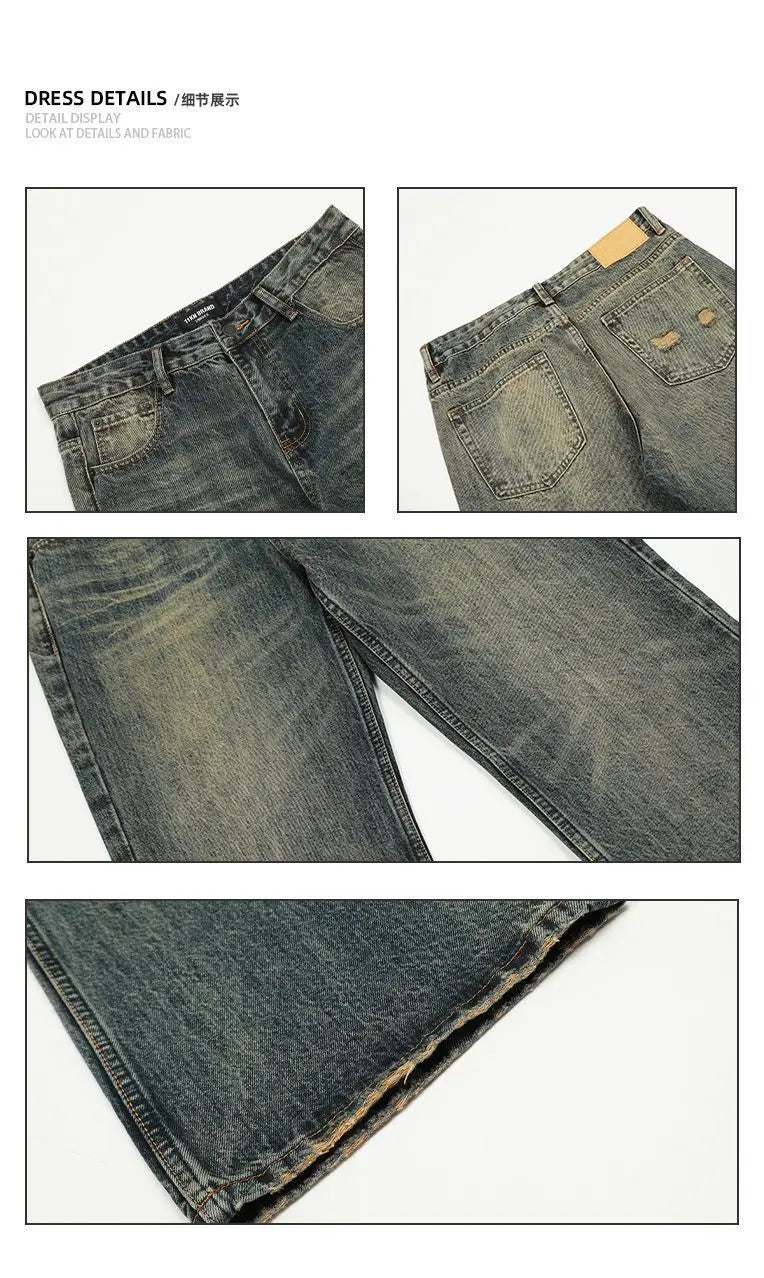 Mens Vintage Washed Distressed Loose Flare Denim Jeans