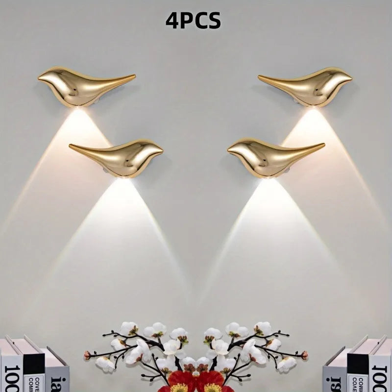 4pcs USB Rechargeable Wall Lights Smart Motion Sensor Bird-Shaped Decorative Lamps Cordless Install Adjustable Light Wall Decor