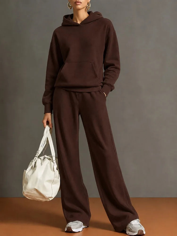 Autumn Fashion Warm Hoodie Sweatshirts Two Pieces Over Sized Solid Casual Hood Pullovers Long Pant Sets Women's Tracksuit Suit