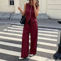 2026 Summer Female Vest Pants Set Solid Sleeveless V-Neck Top High Waist Casual Loose Pant Two-piece Set Office Lady Suit Street