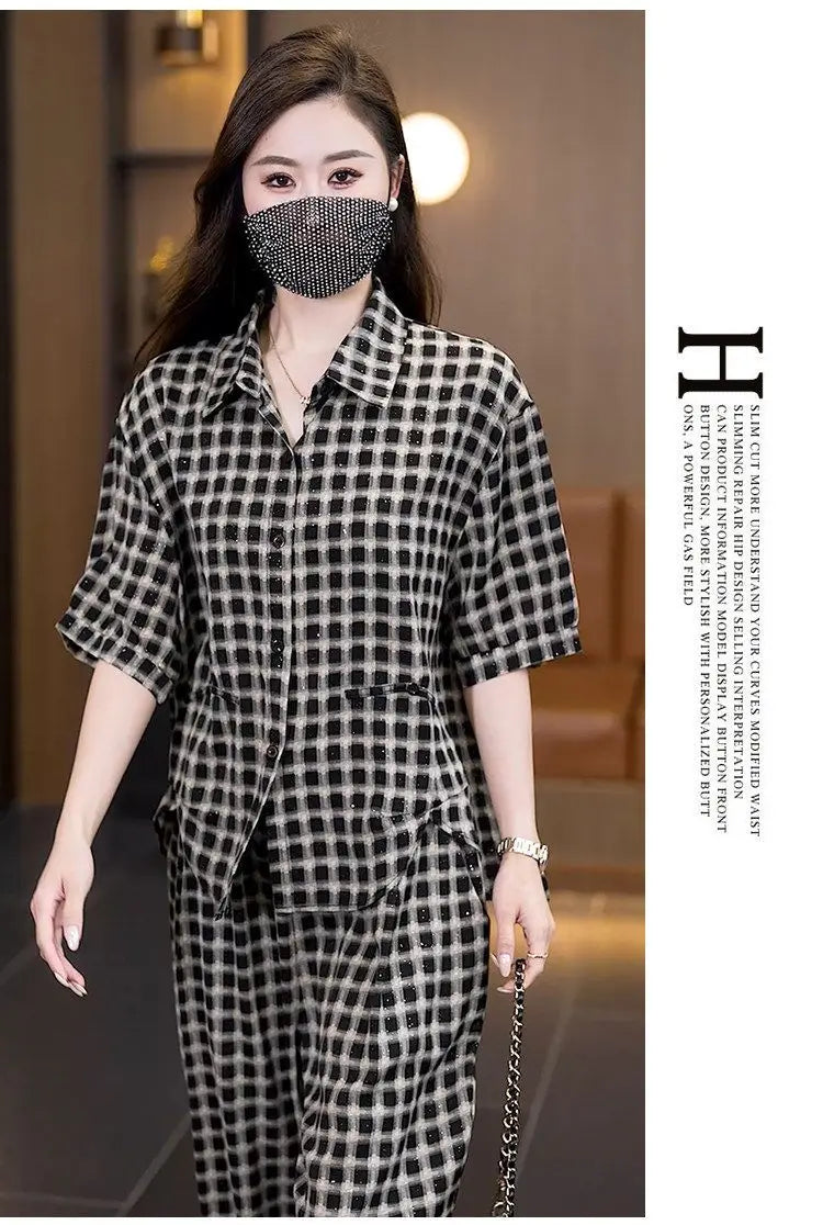 plus Size Casual Plaid Short Sleeve Women's Set Summer New Fashion Loose Shirt Two Piece Set High Waist Long Pants