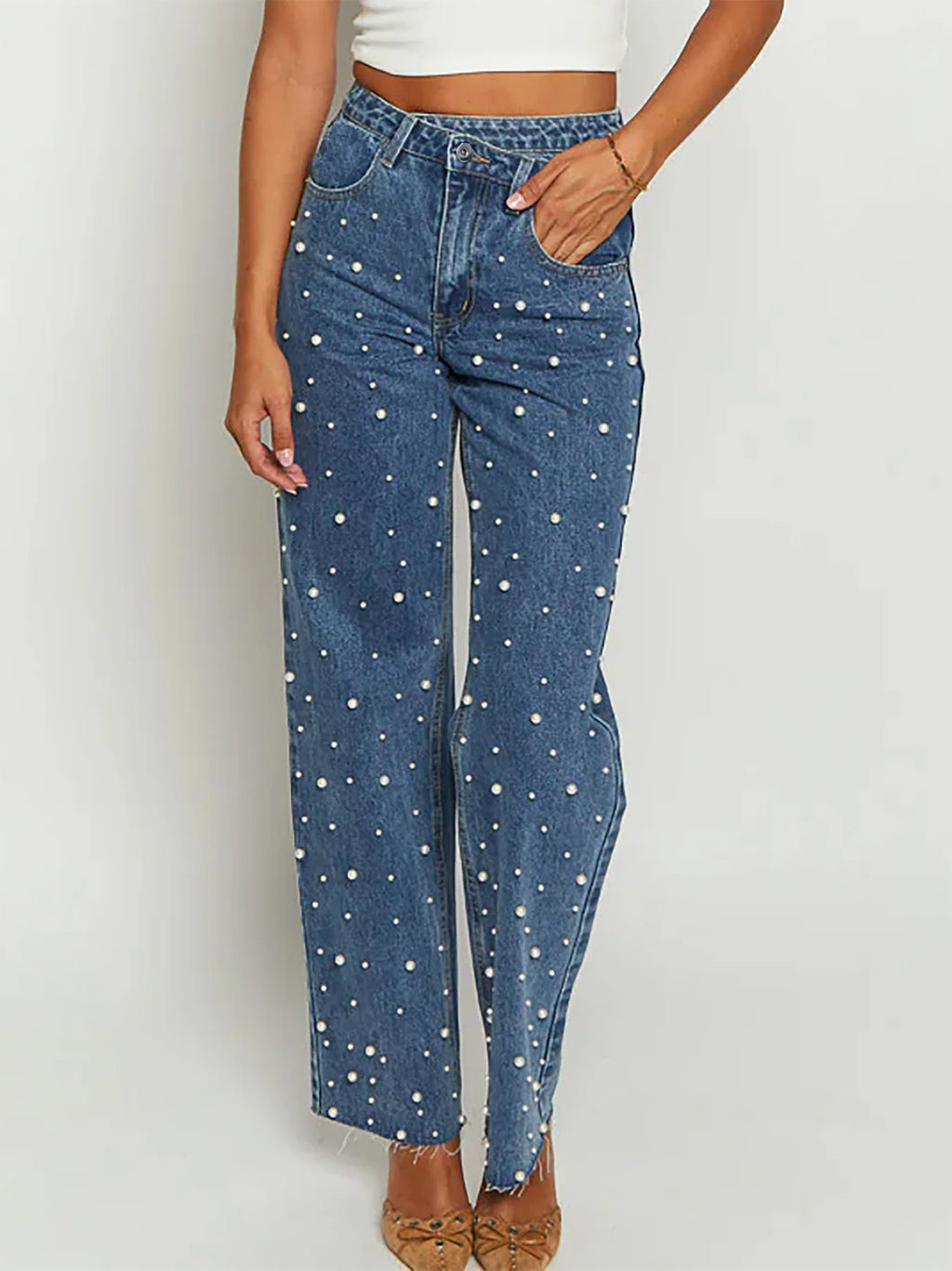 Fashionable Casual Rhinestone Frayed Straight Leg Jeans Women's Long Pants Cotton Natural Waist Comfortable Fit Spring Season
