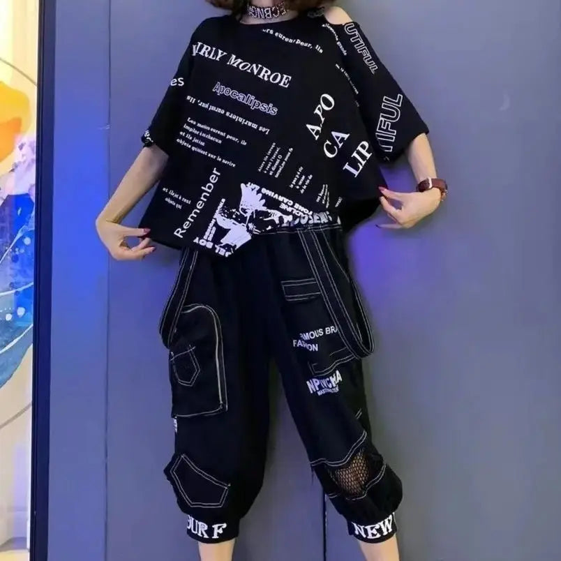2026 Summer Womens 2 Piece Outfit Set Fashion Off Shoulder Stand Neck Short Sleeve T Shirt Tops+Casual Printed Capris Pants Suit