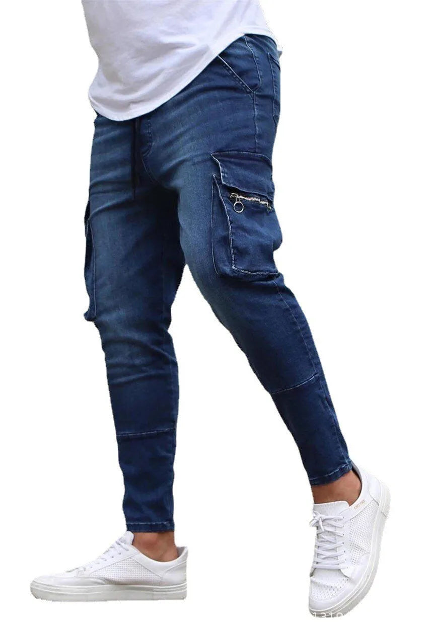 Street Elastic Jeans Men Denim Cargo Pants Wash Solid Color Multi Pockets Casual Mid Waist Trousers Slim Fit Daily Wear Joggers