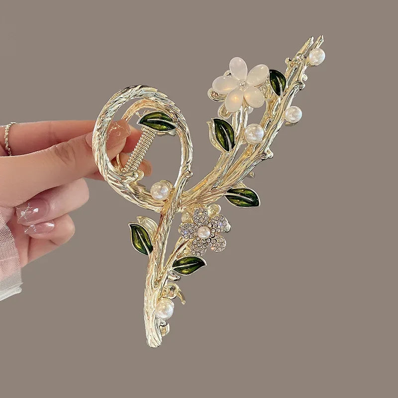 Faux Pearl Decor Flower Design Hair Claw Boho