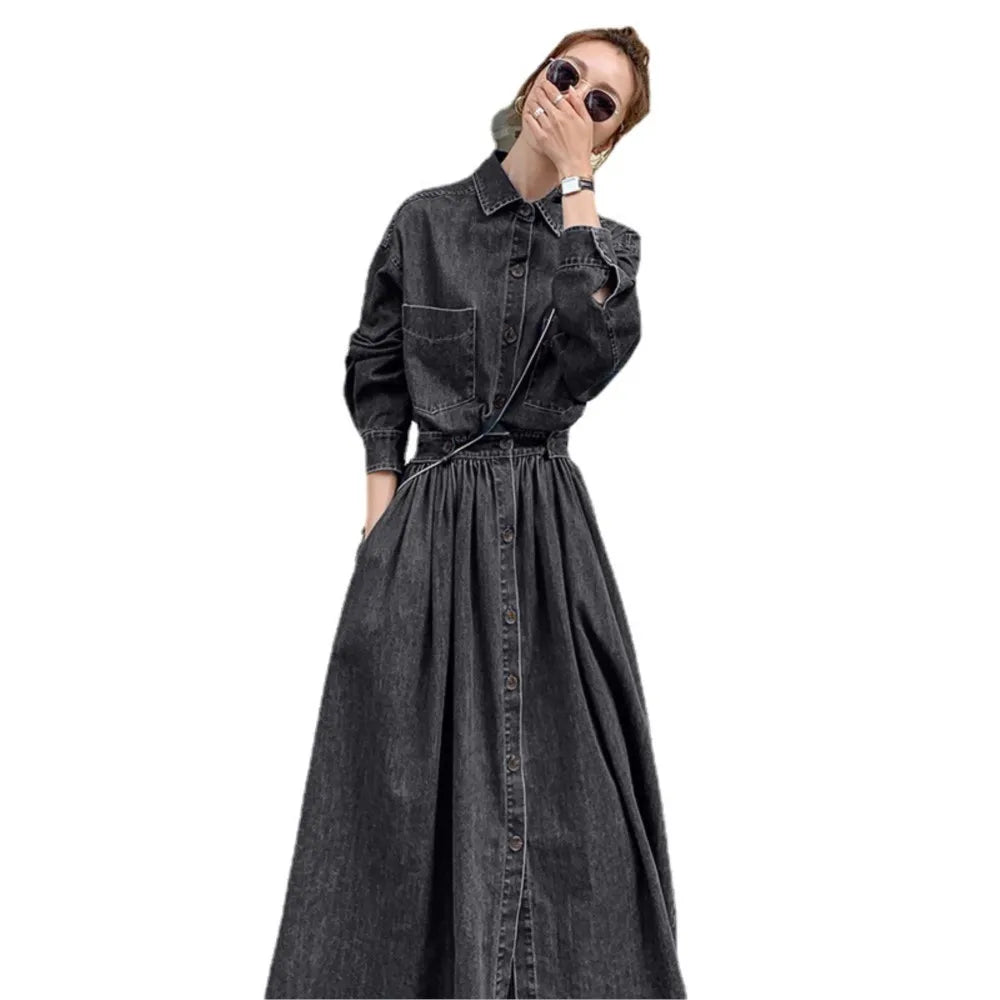 Denim long dress women A-line high waisted long sleeves casual roupas femininas
