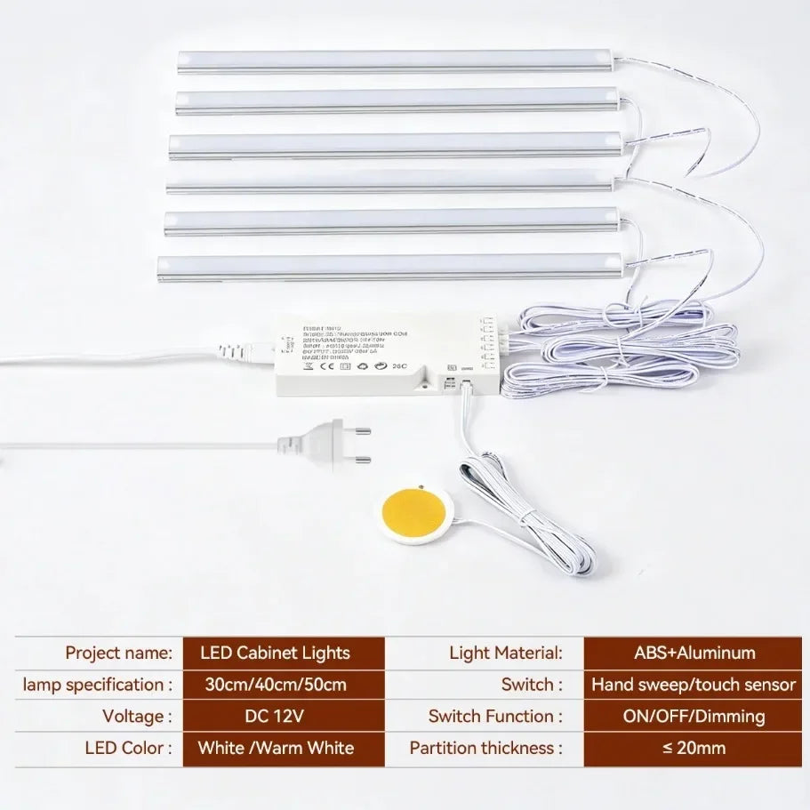 1-6Pcs LED Light Bar Sync Cabinet Light System Touch Control Dimmable Under Cabinet Lamp for Kitchen Wardrobe Closet Showcase