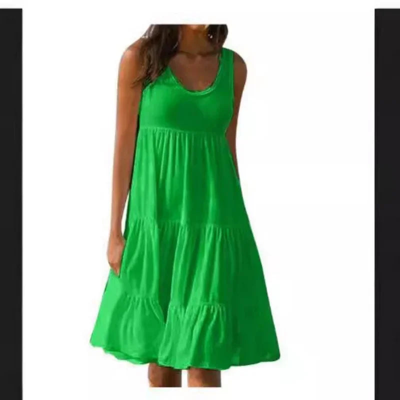 Bohemian Women's Casual O Neck Sleeveless Ruffle Mini Dress Solid Color Beach Tank Top Oversized Loose Dress Plus Size Women3029