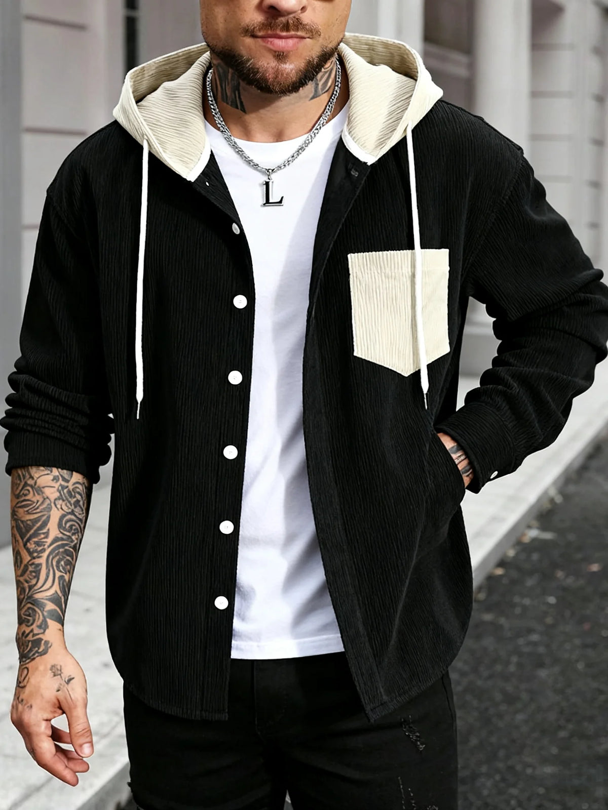 Men's Flannel Hooded Shirt, Spring/Autumn New Style, Colorblocked Pocket, Loose Fit Casual Outerwear, Trendy Retro Cardigan Top