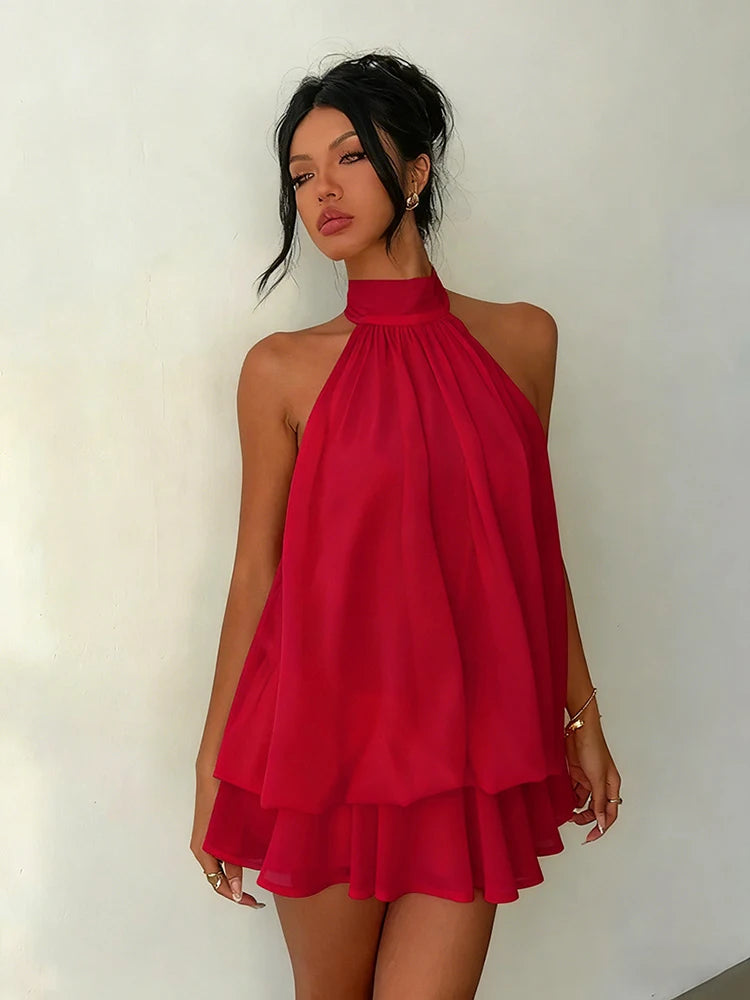 Women Halter Neck Backless Tie Mini Dress Summer Sleeveless Chiffon Ruffle Short Dresses Sexy Club Party Beach Vacation Outfit