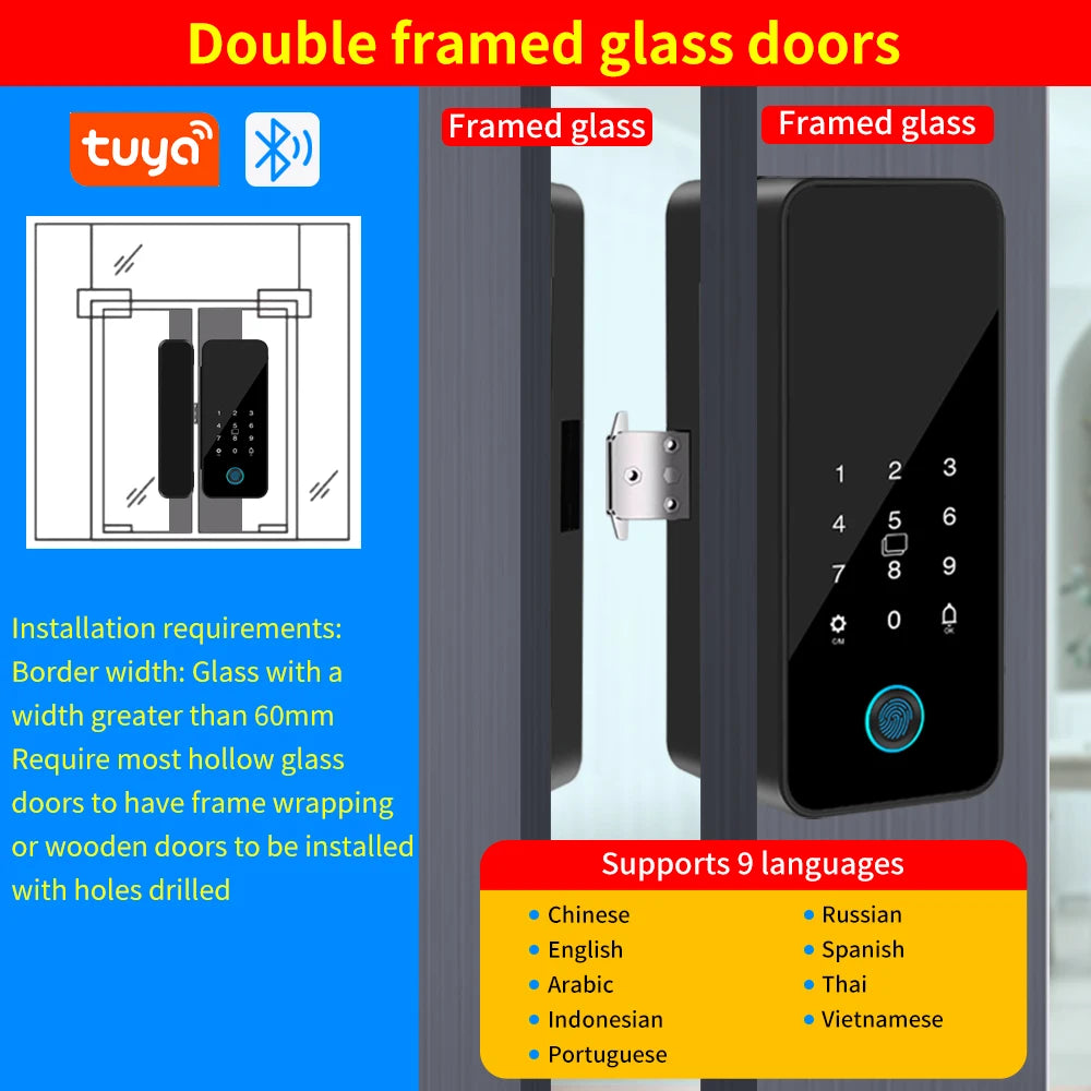 Multifunctional Smart Glass Door Lock Electronic Digit Biometric Fingerprint Tuya App Key Electric Smart Life Digital Door Lock