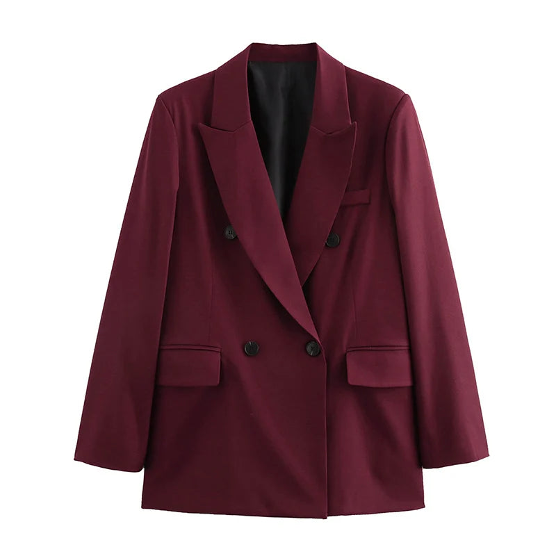 New Burgundy Blazer Women Autumn Winter Vintage Double Breasted Suit Jacket for Woman Fashion Streetwear Classic Blazers Coat