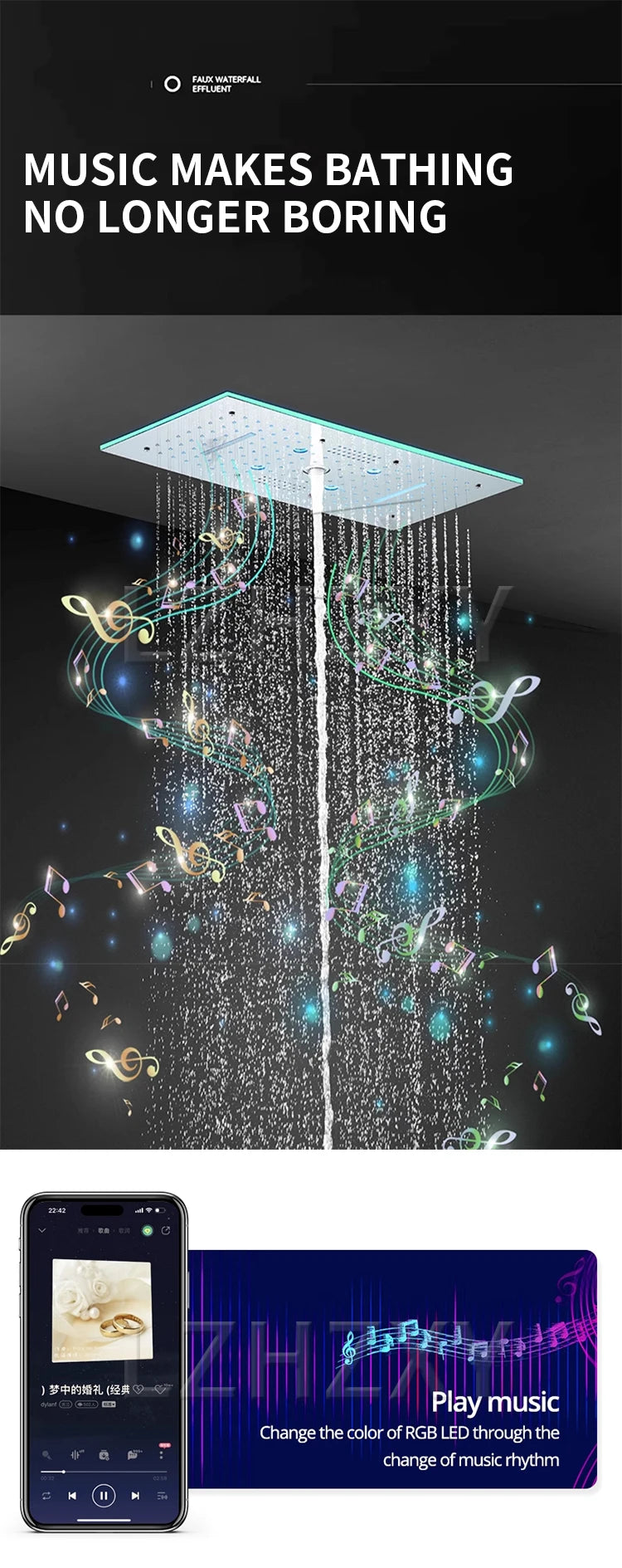 Embedded concealed shower head, wall-mounted, hidden, pre-buried, sky-high, giant overhead shower head with music function