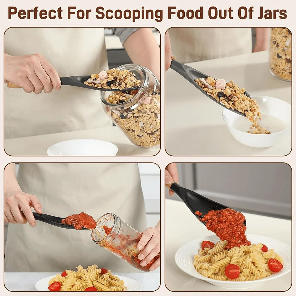 Multifunction Silicone Cooking Spoon Spatula for Nonstick Cookware, Heat Resistant Kitchen Gadgets Utensil with Wooden Handle