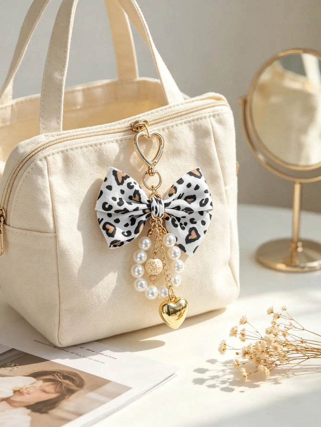 Leopard Print Bow Keychain Heart Pendant Women's Bag Simple Charm Pearl Keychain Beaded Charm Gift For Women