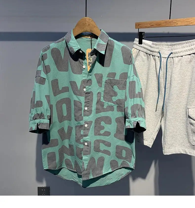 2024 Summer Trendy Men's Fashionable Lapel Full Body Letter Print High-end Versatile Casual Loose Oversized Short Sleeved Shirt