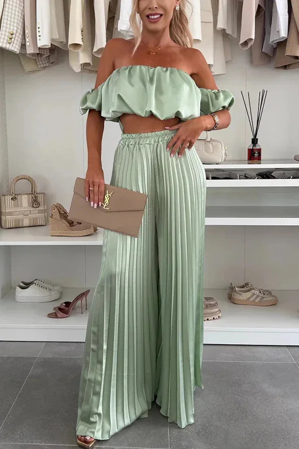 2026 Summer Women Sets Sexy Off-shoulder Sleeveless Short Tops+ Wide Leg Pants 2 Piece Sets Fashion Party Casual Trousers Outfit