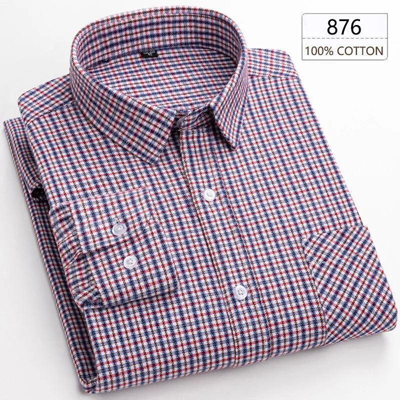 Men's Winter Chic Long Sleeve Shirt Cotton Flannel Plaid Button-Up Comfortable Warm Top for Business Casual Dress Shirts New