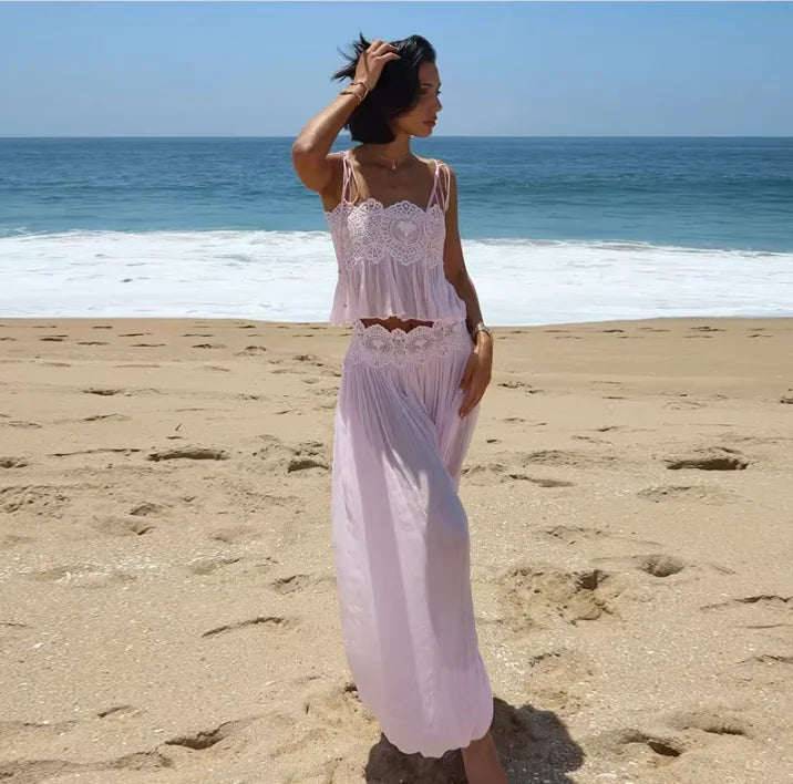 Women Pink Lace Double Strap Crop Top Two Piece Set Boho Sleeveless Flowy Matching Outfit 2026 Seaside Vacation Casual Outfits