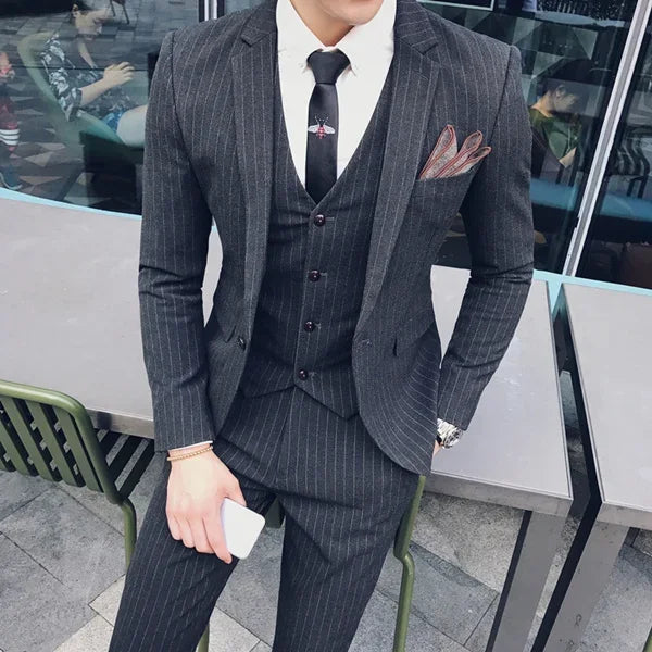 S-7XL ( Blazer + Vest + Pants ) Striped Plaid Solid Color Mens Formal Business Suit 3Pcs Set Groom Wedding Social Show Dress
