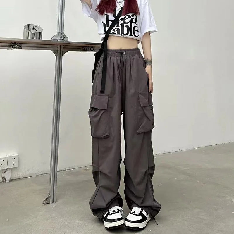 Women Streetwear Cargo Pants Elastic Waist Multi Pocket Loose Wide Leg Vintage Drawstring Casual Trousers