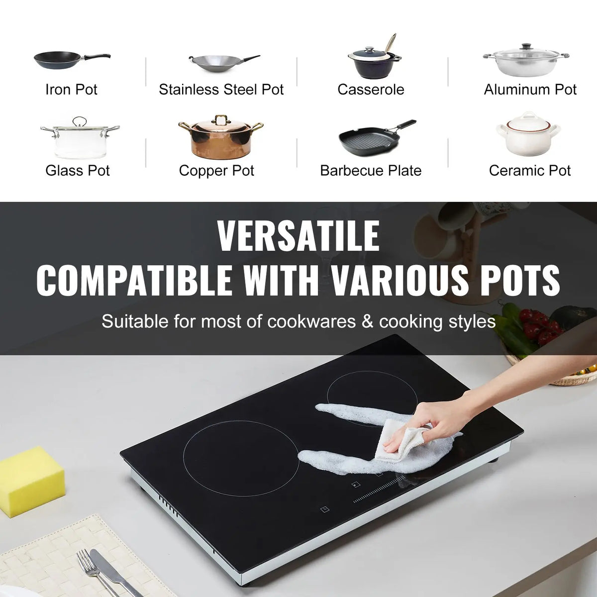 Electric Cooktop, 24 inch 2 Burners Built-in Electric Stove Top, 1800W Ceramic Top Radiant Cooktop with Glass Panel, Touch