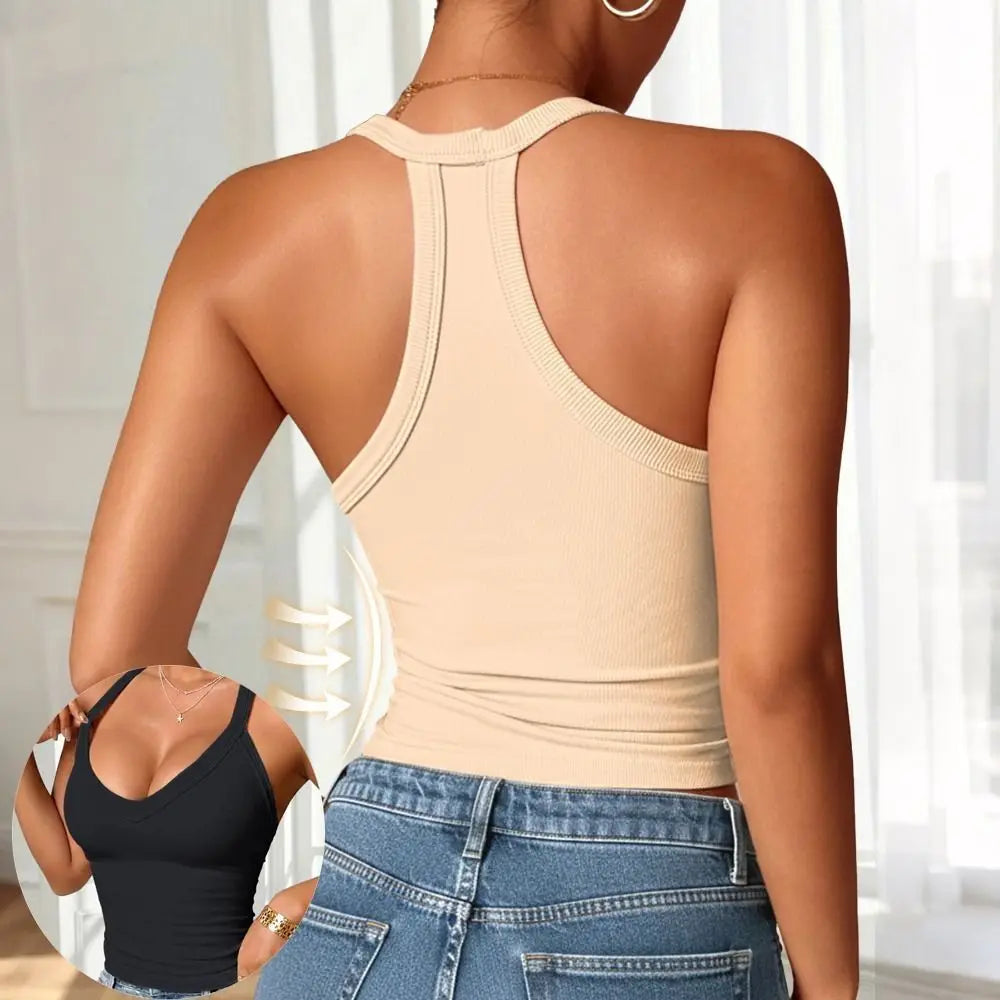 Creative Solid Color Women Vest V-neck Design Built in Bra Camisole Slimming Soft Comfortable Camis Vest Four Seasons