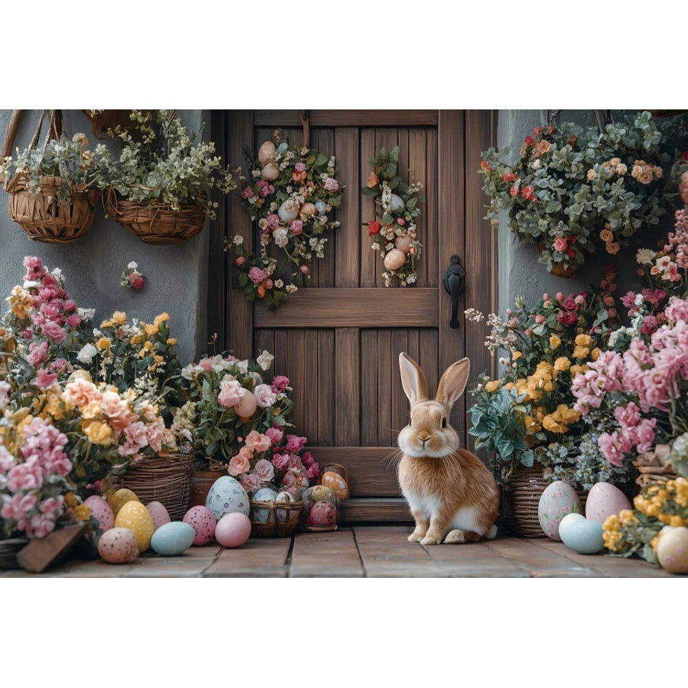 Happy Easter Day Photography Background Blue Wood Board Easter Egg Spring Flower Rabbit Kid Birthday Portrait Photocall Backdrop